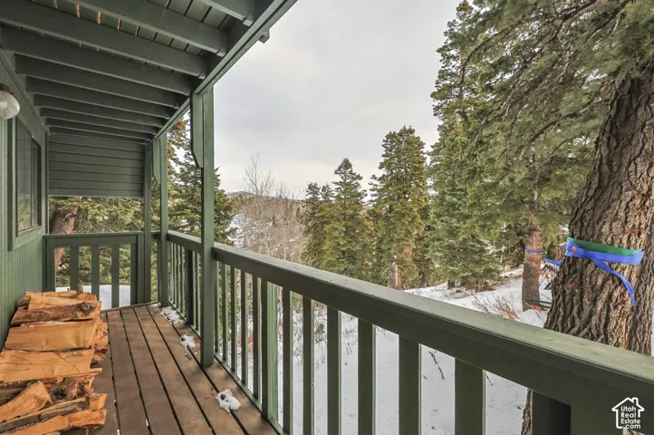 Covered outdoor deck with painted wood flooring and railing, featuring a panel-sided exterior and visible tree-lined surroundings