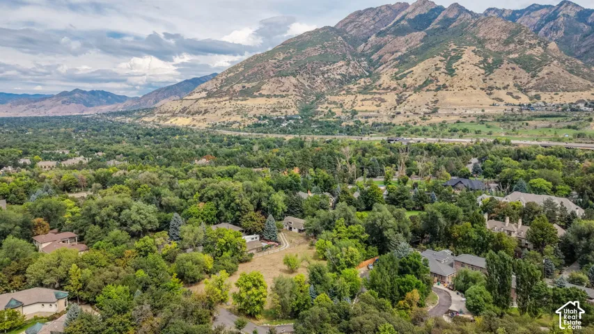 Expansive mountain range backdrop with a verdant valley, featuring a mix of residential properties and abundant mature trees