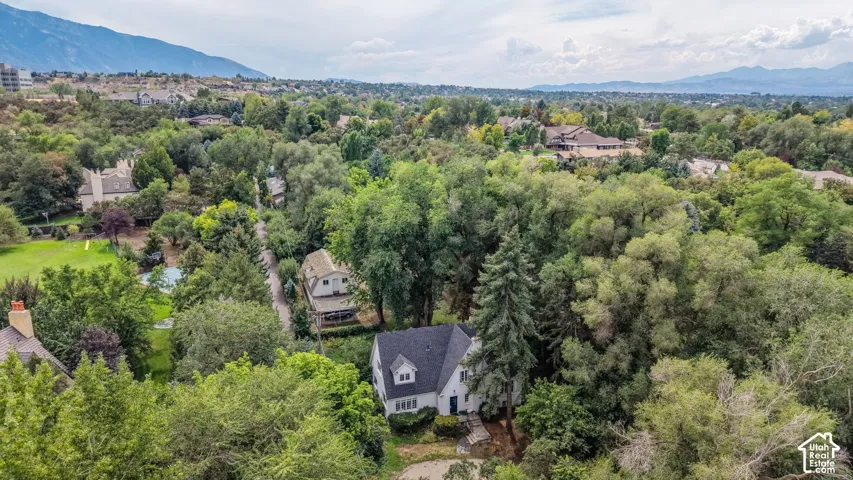 White-sided residence with dark gabled roof and dormer windows, surrounded by mature trees