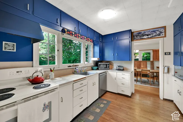 Wood-finish flooring, white cabinetry, integrated stainless steel dishwasher, and built-in microwave
