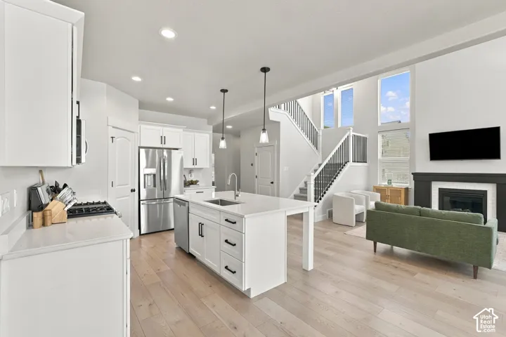 Open-concept living area featuring light wood-finish flooring