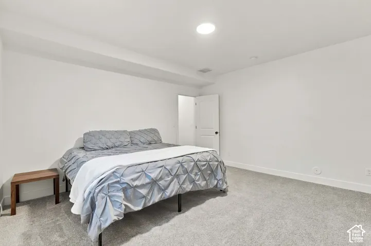 Recessed ceiling lighting, white interior door with dark hardware, light gray carpeting, and white walls