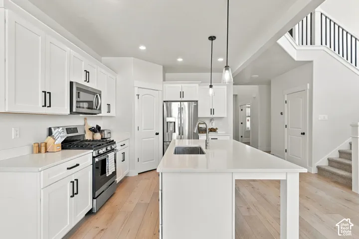 Contemporary kitchen featuring white shaker cabinetry, stainless steel appliances, a center island with an undermount sink, recessed lighting, and wood-finish flooring