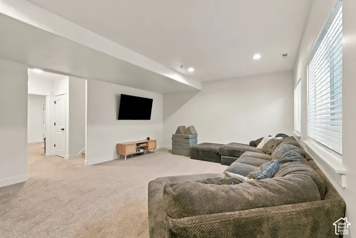 Recessed lighting, light-colored carpet, white walls, multiple windows with blinds, and white trim