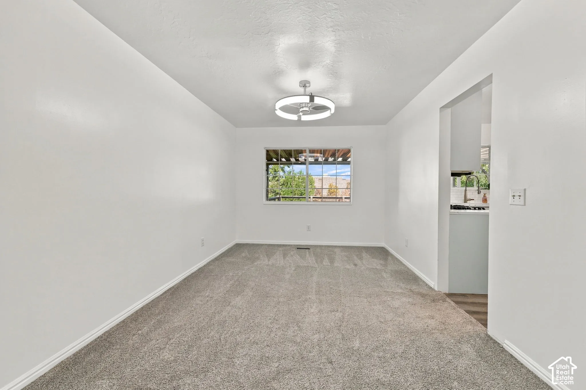 Neutral wall color, carpet flooring, window with natural lighting, and modern ceiling light fixture
