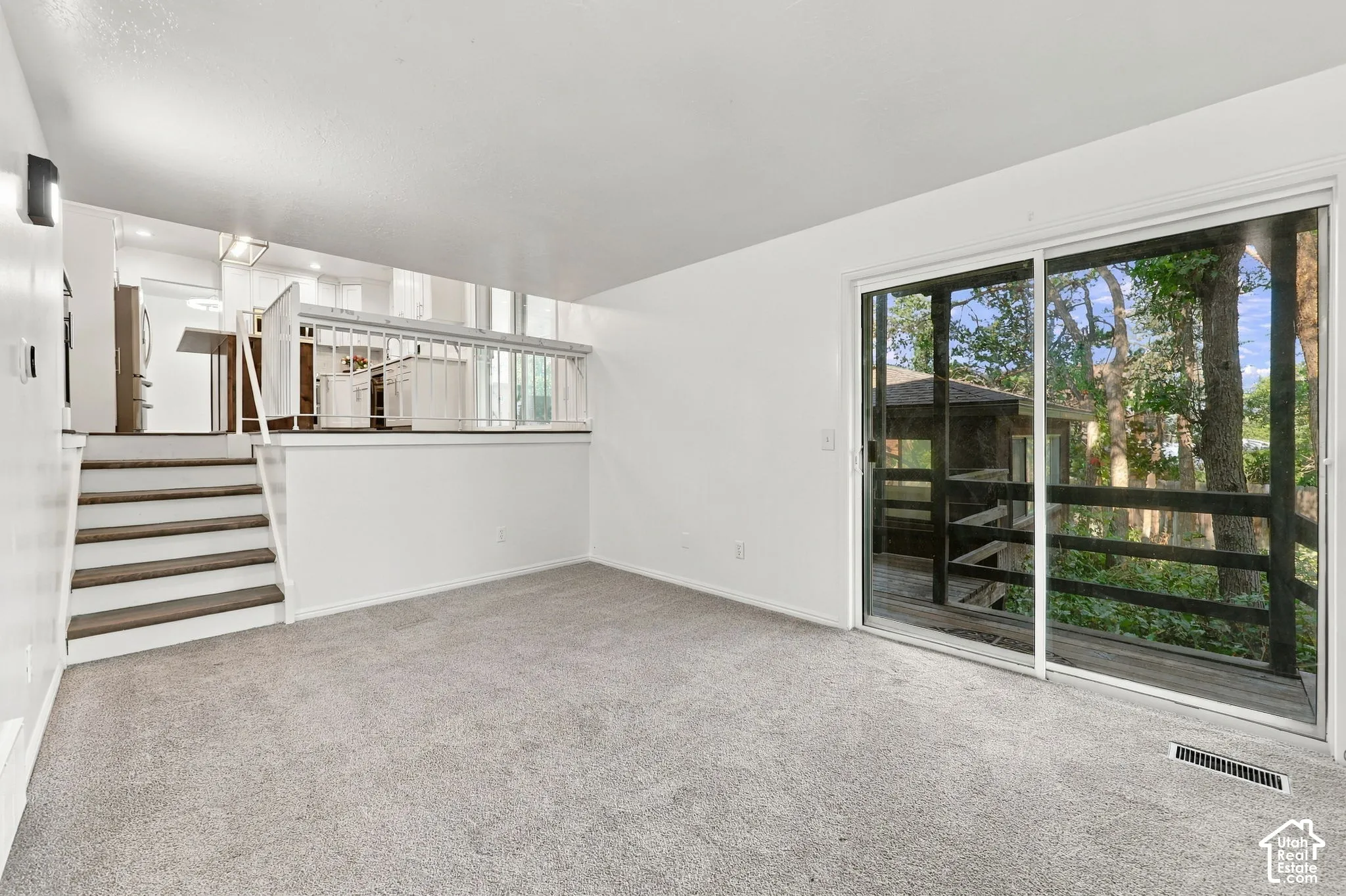 Carpeted living space with white walls and a white ceiling