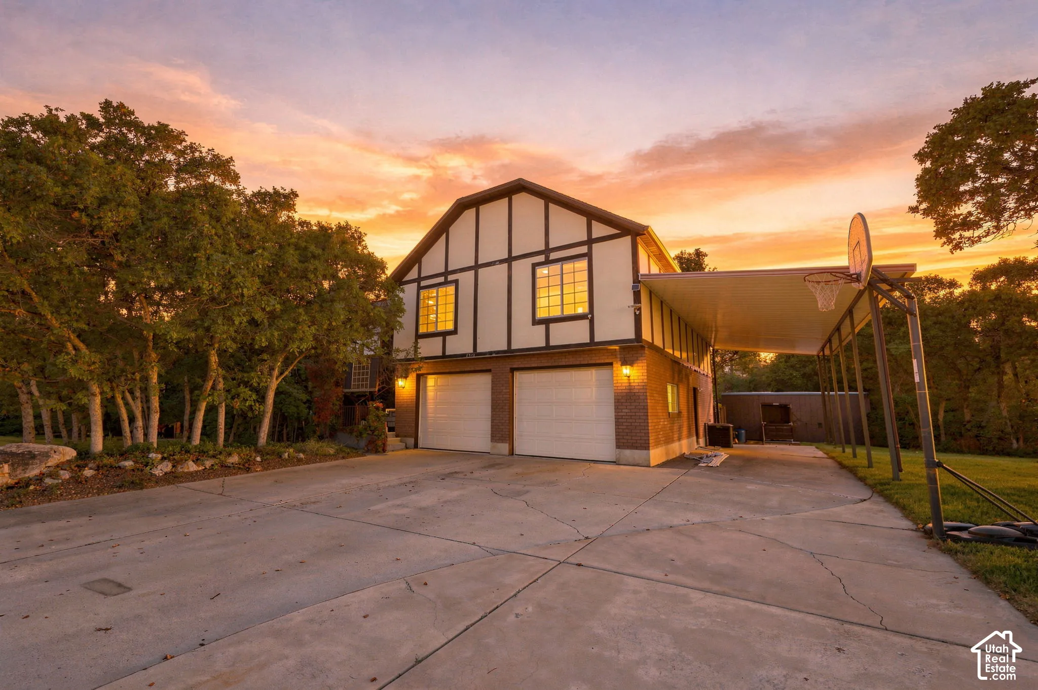 Tudor-style exterior with decorative half-timbering and brick accents