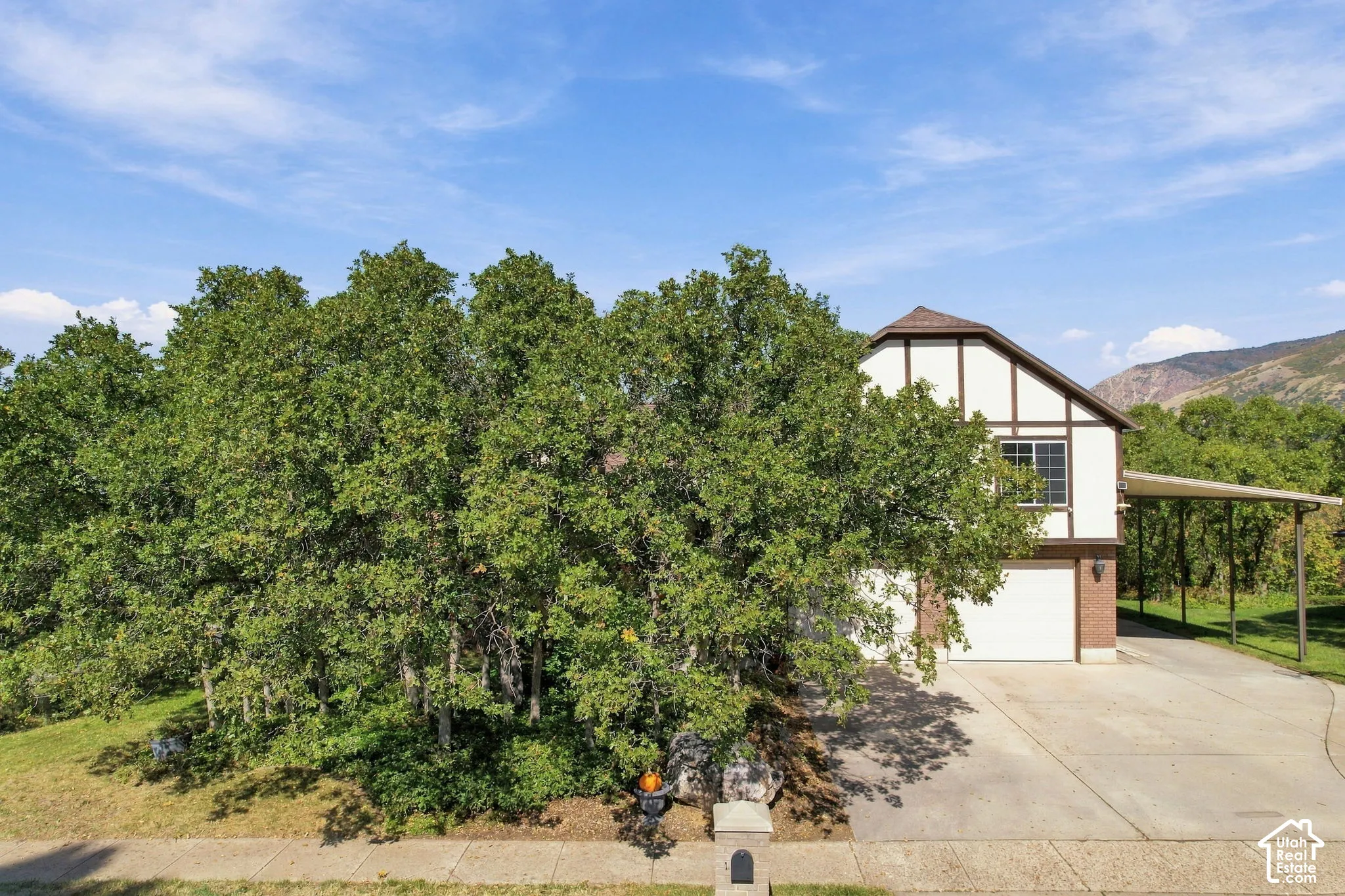 Tudor-style exterior with white siding and dark trim, attached garage, covered carport, concrete driveway, and mature landscaping