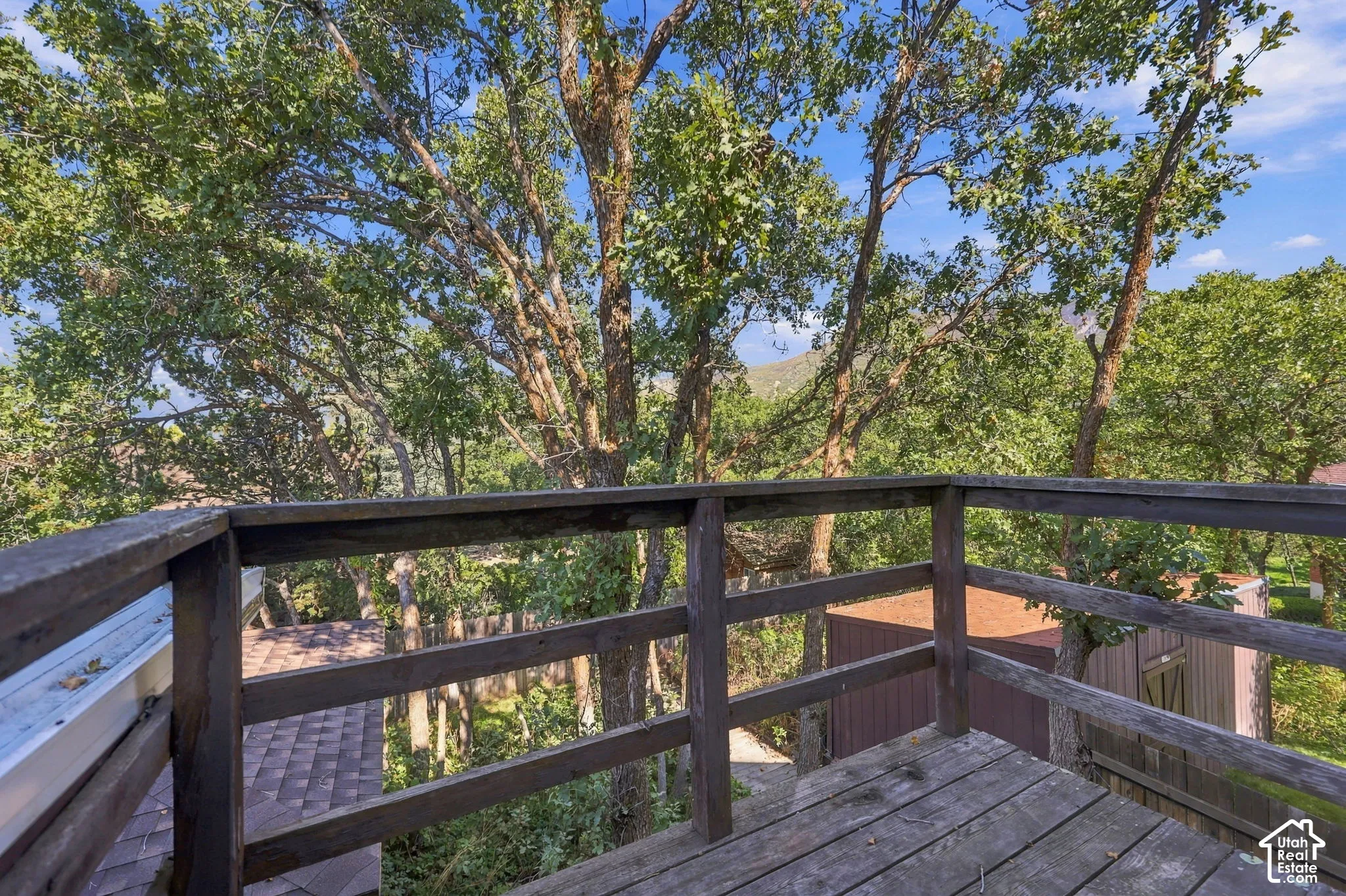 Deck with wood-finish flooring and railing