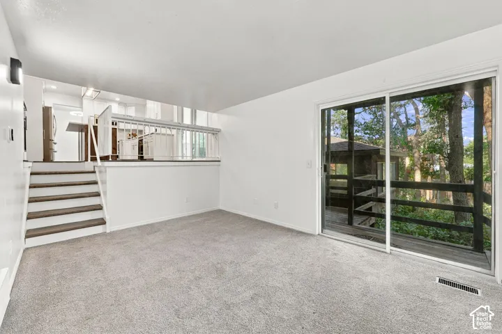 Carpeted living space with white walls and a white ceiling