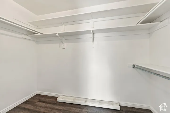 Built-in shelving, hanging rods, wood-finish flooring, white walls, and white trim