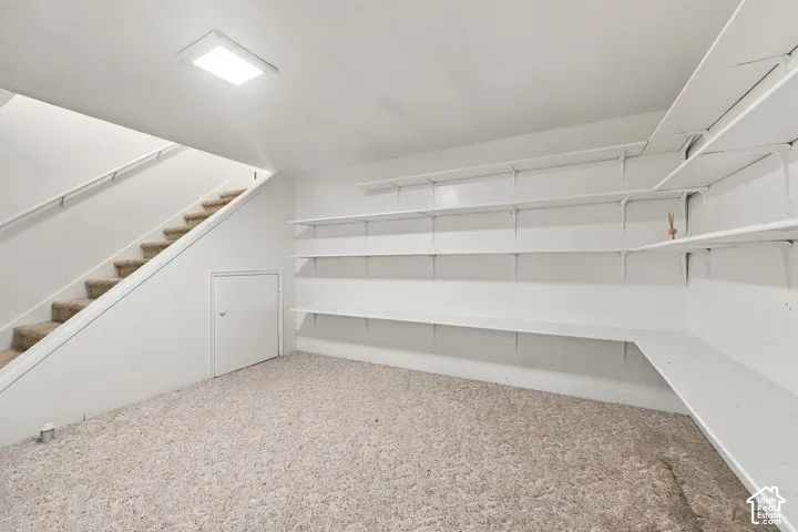 Staircase with carpeted treads and handrail