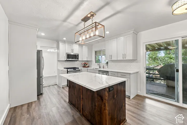Wood-finish flooring, white cabinetry, stainless steel appliances, a center island with a light-toned countertop, and sliding glass doors to the exterior