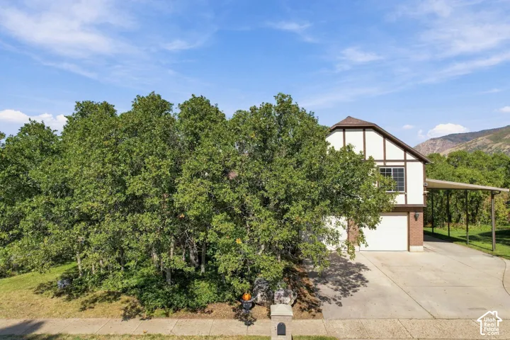 Tudor-style exterior with white siding and dark trim, attached garage, covered carport, concrete driveway, and mature landscaping