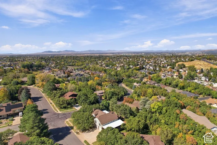 Expansive residential landscape featuring mature trees and distant mountain ranges