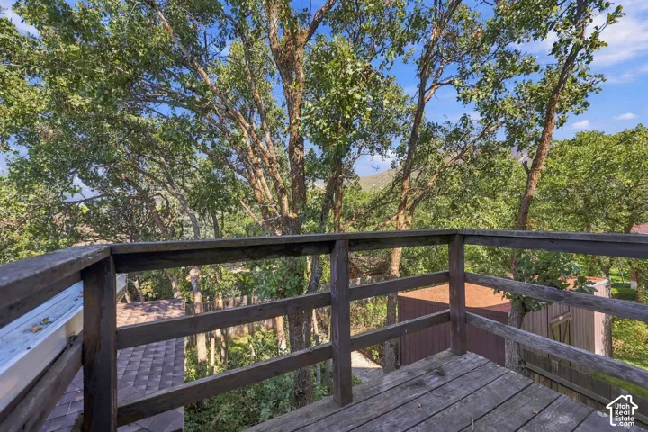 Deck with wood-finish flooring and railing
