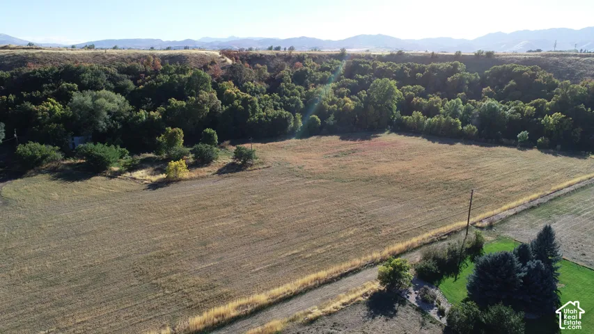 Expansive undeveloped land featuring a vast field, dense tree lines, a partial grass lawn, and distant mountains