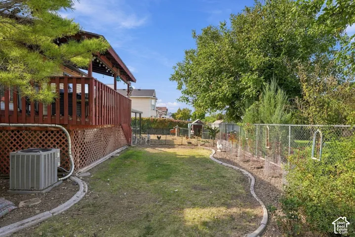 Expansive backyard featuring a covered wood deck, chain link fencing, a manicured lawn, and mature trees
