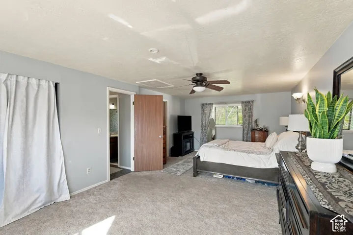 Carpeted bedroom featuring a ceiling fan, a window with curtains, and an interior door