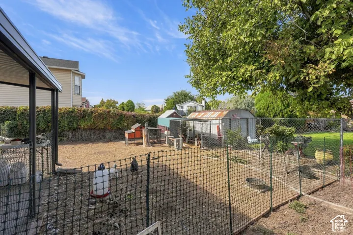 Spacious backyard retreat featuring secure fencing, mature landscaping with established trees, multiple outbuildings including sheds and storage structures, and expansive lawn space ideal for outdoor activities and recreation