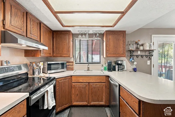 Wood-finish cabinetry, stainless steel appliances, and a built-in kitchen sink
