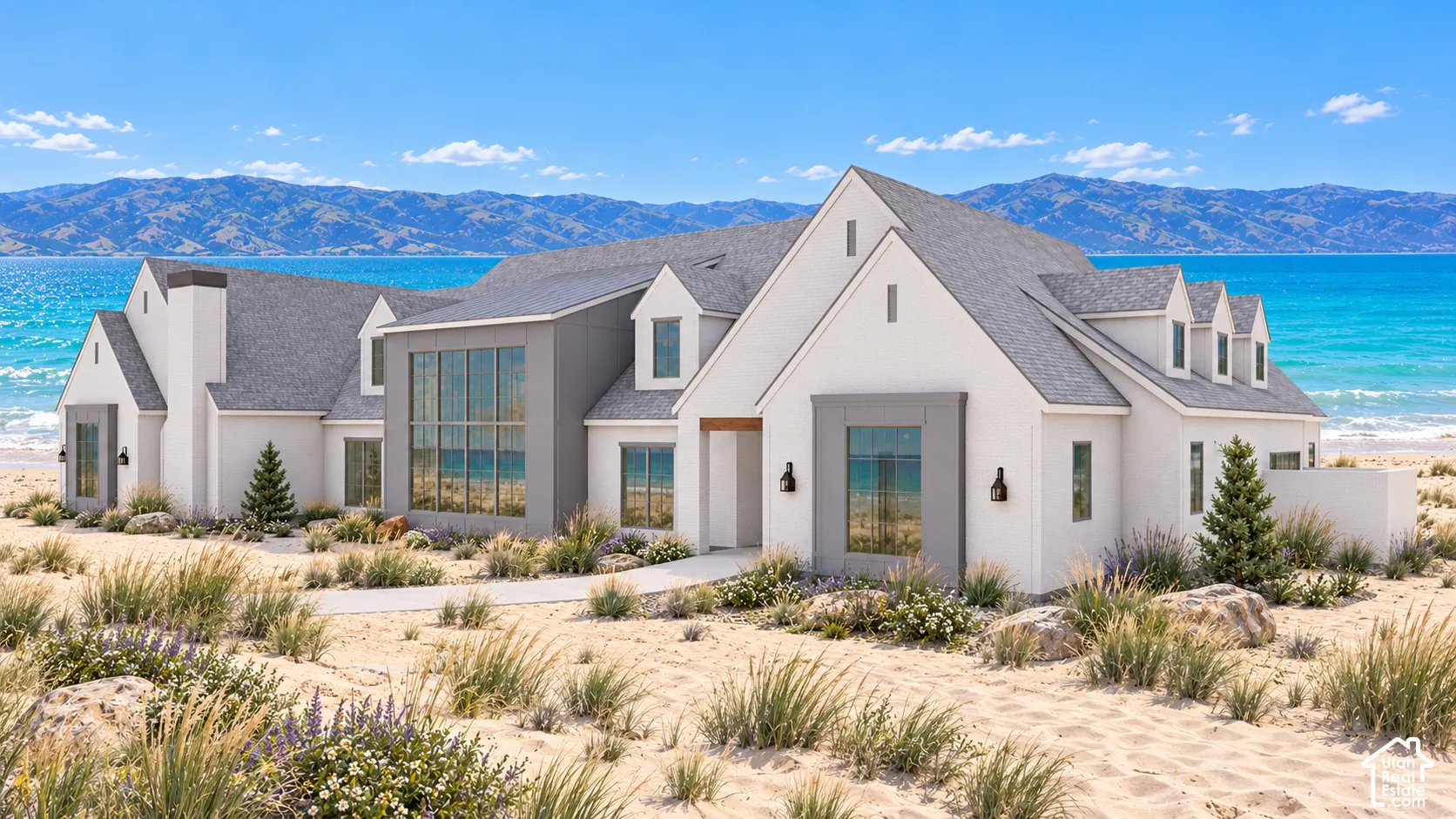 Contemporary residence with a multi-gabled roofline and a prominent chimney