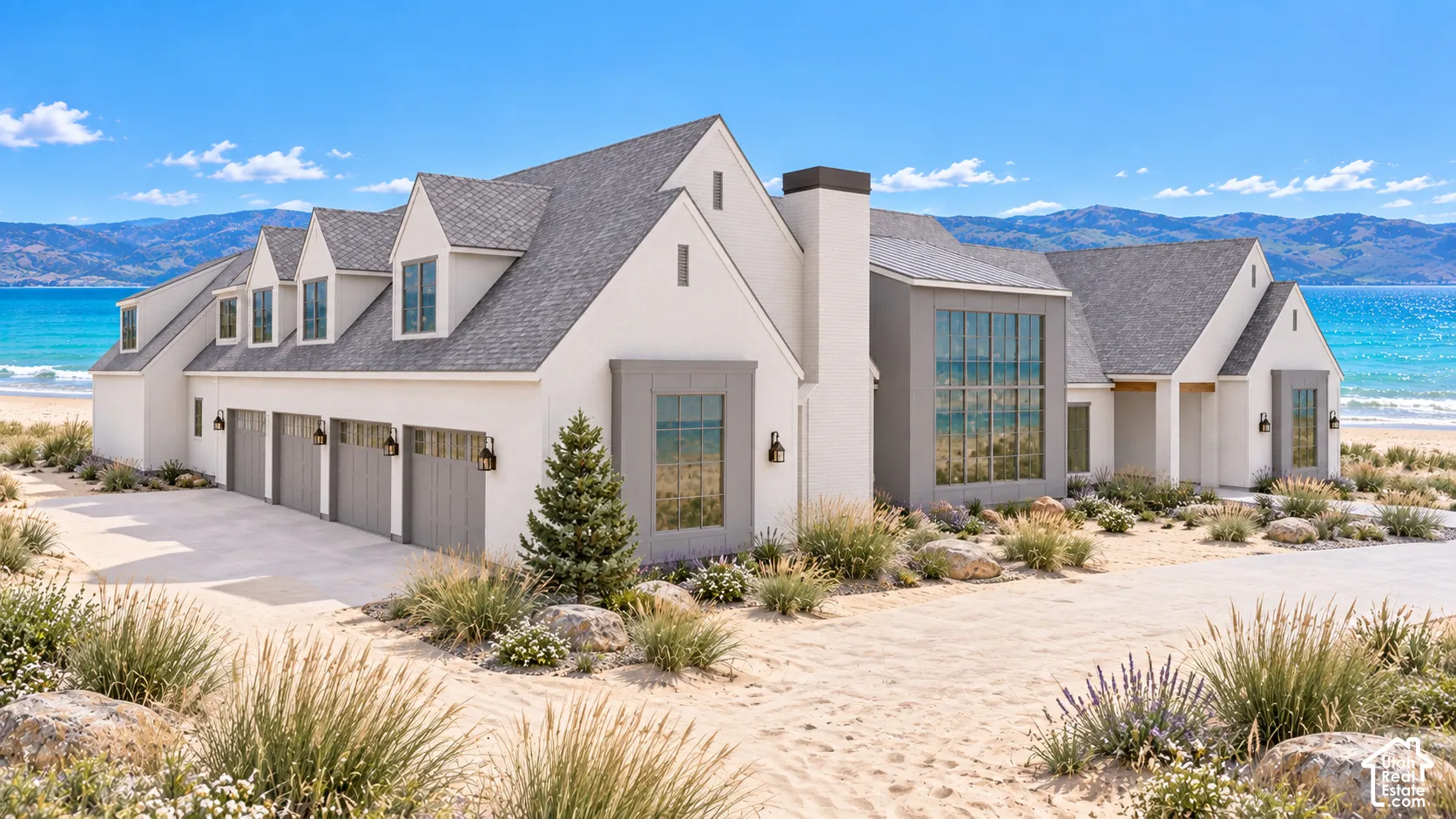 Contemporary exterior design featuring a light-colored facade, multi-gabled roofline, and four garage bays with gray doors