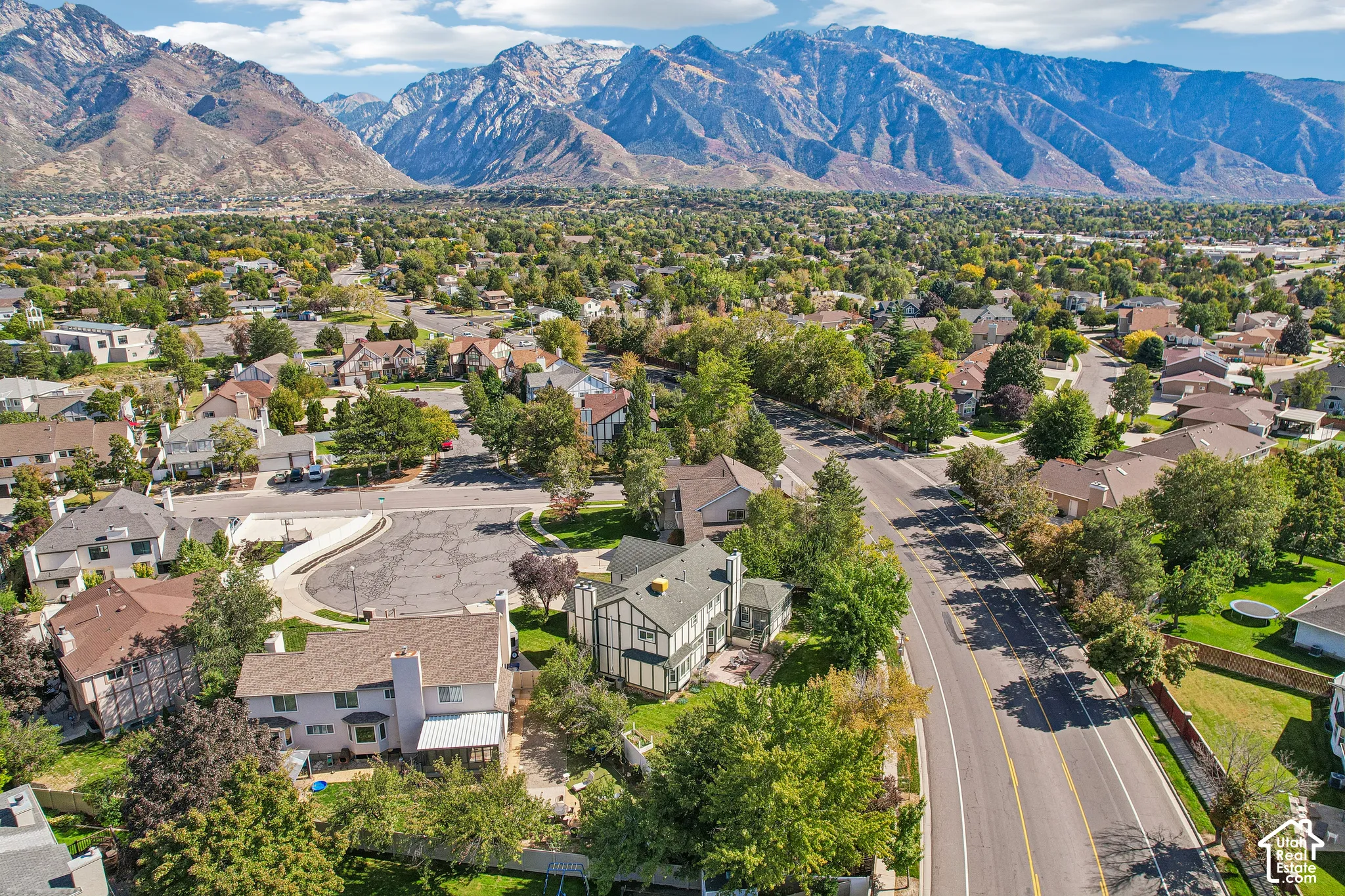 Neighborhood setting with surrounding residential properties and abundant mature trees