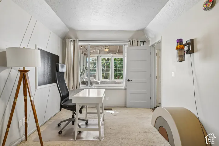 Tray ceiling with a textured finish, window with a window seat, and paneled interior door
