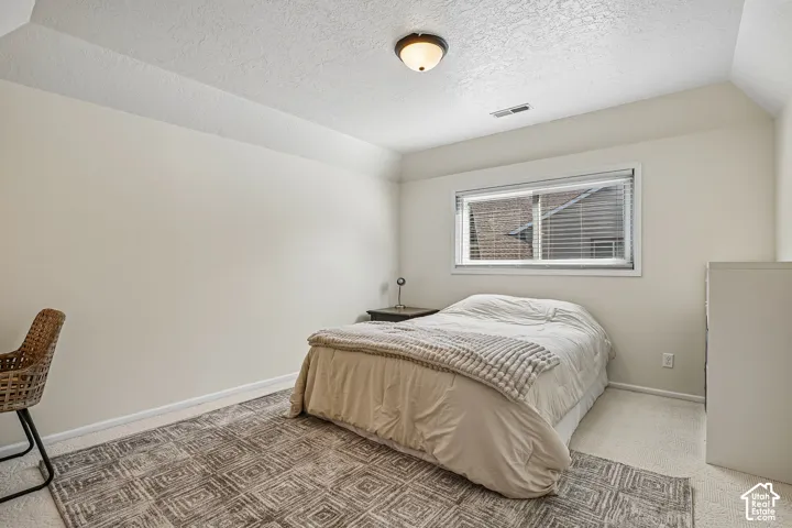 Carpeted flooring, vaulted ceiling, single window, flush mount lighting, and neutral wall tones