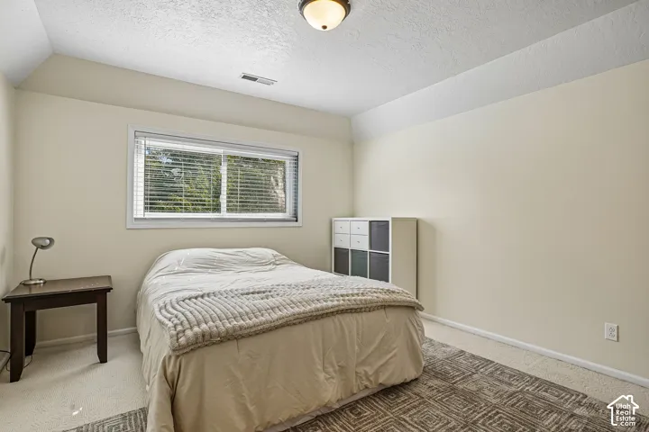 Recessed window with blinds, wall-to-wall carpeting, and a flush mount ceiling light fixture