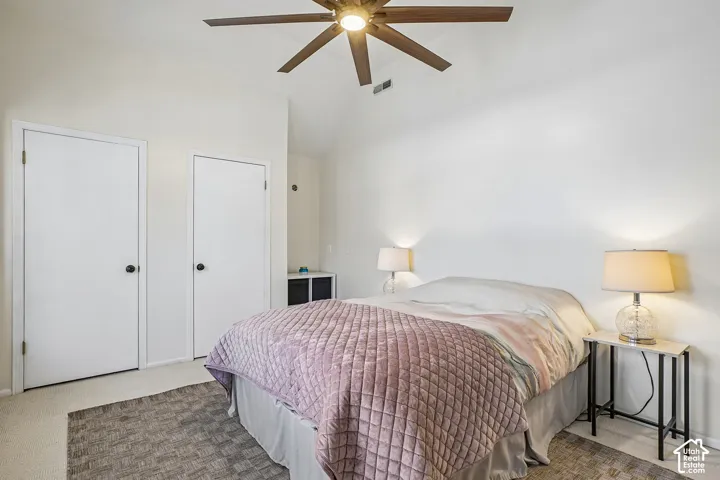 Vaulted ceiling with a ceiling fan, two white doors with black hardware, and carpeted flooring
