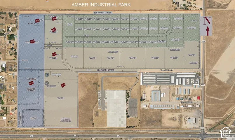 Plat Map, Amber Industrial Park. Illustrating the property's layout with lot divisions and acreage, indicating sold parcels
