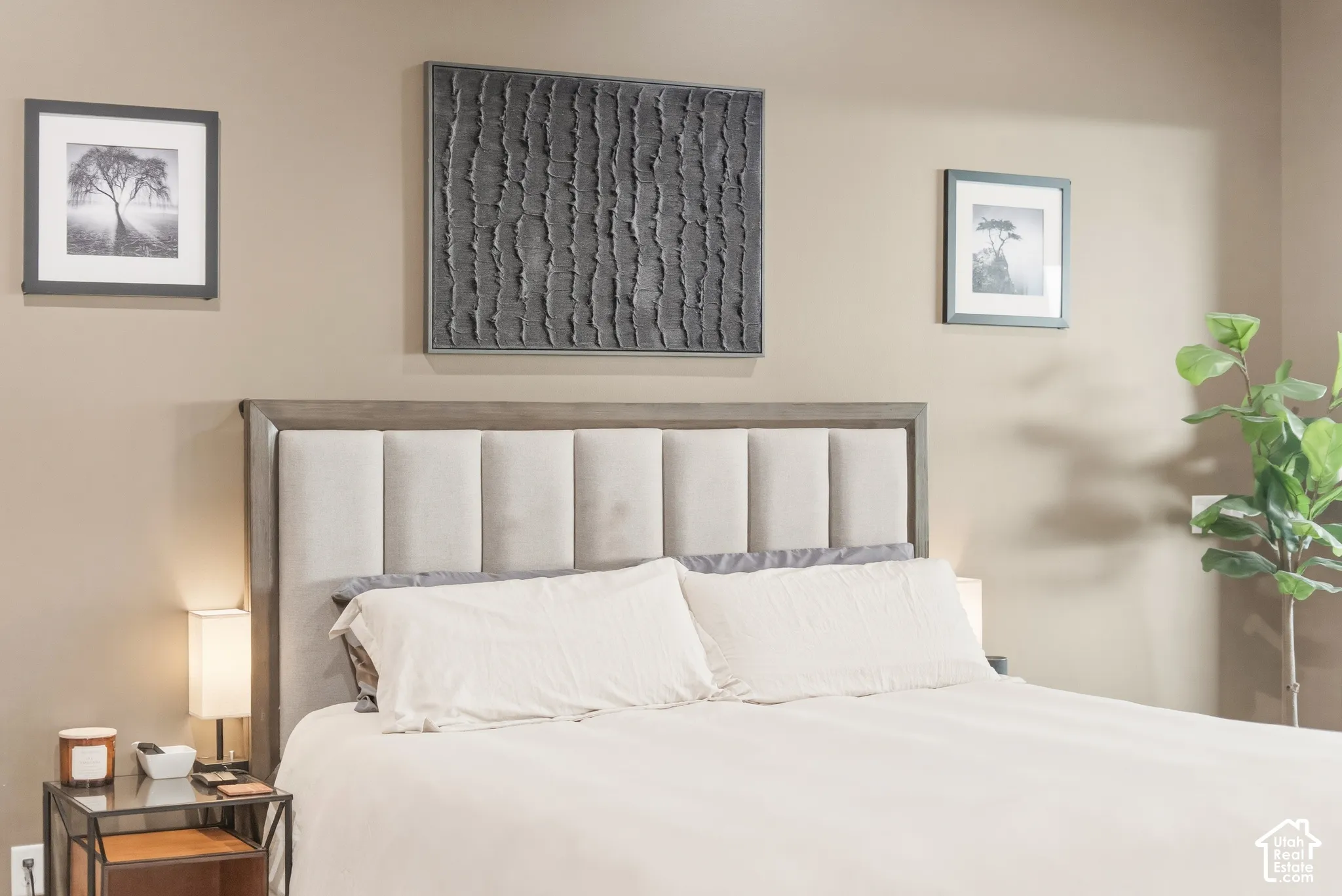 Upholstered headboard with wood-finish trim