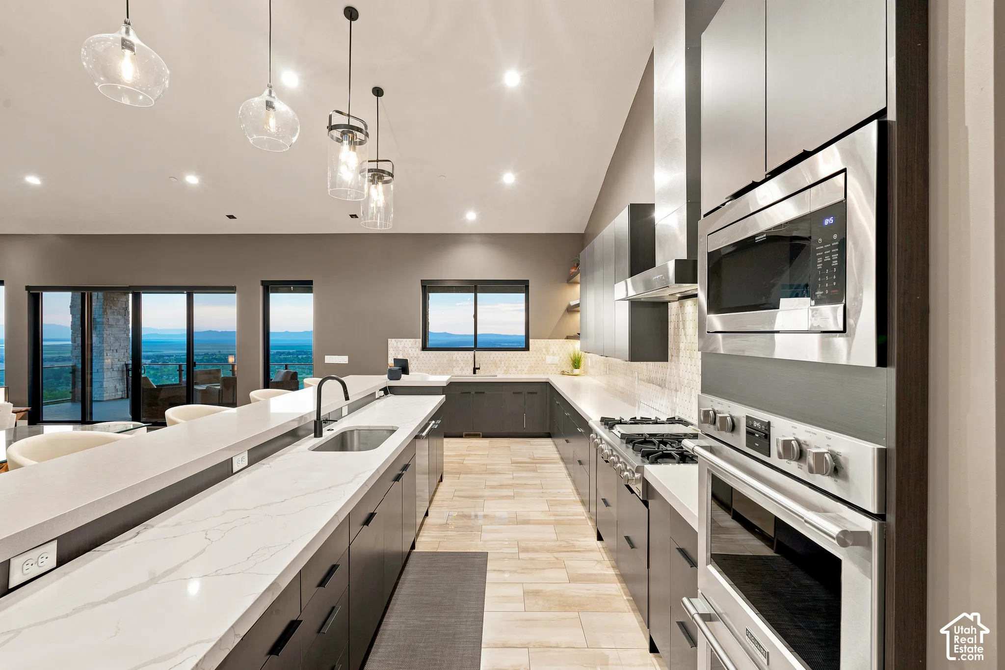 Gourmet kitchen with stainless steel appliances, wood-finish flooring, recessed lighting, and expansive counter space