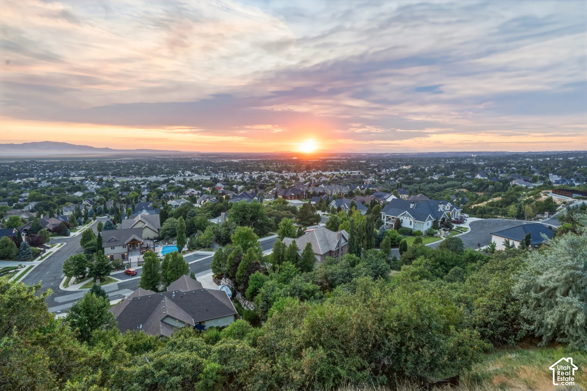 Expansive residential area featuring numerous properties, mature trees, and a mountain range backdrop