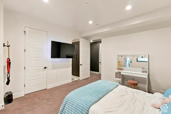 Recessed lighting illuminates the space, featuring white paneled doors with matte black hardware and wall-to-wall carpeting