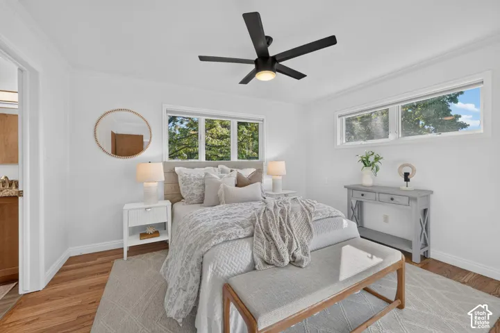 Primary bedroom with two windows, a ceiling fan, hardwood floors, and a private ensuite bath.