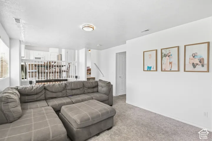 Carpeted living area with white walls and overhead lighting