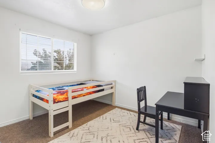 Neutral wall color, window with blinds, overhead light fixture, and carpeting