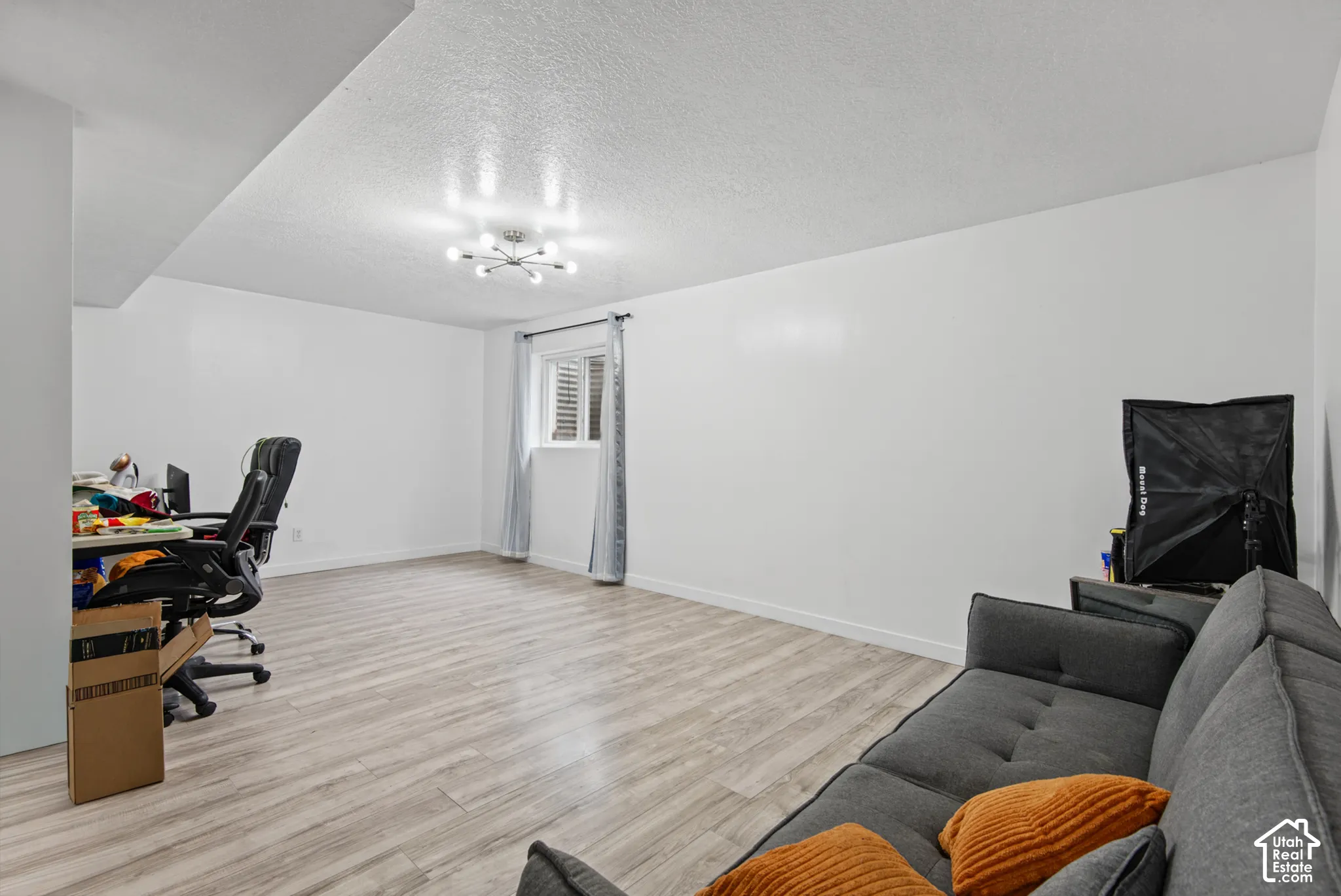 Light wood-finish flooring, white walls, and a modern ceiling light fixture