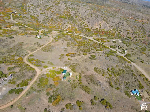 Expansive natural landscape featuring a dirt road network and scattered green foliage