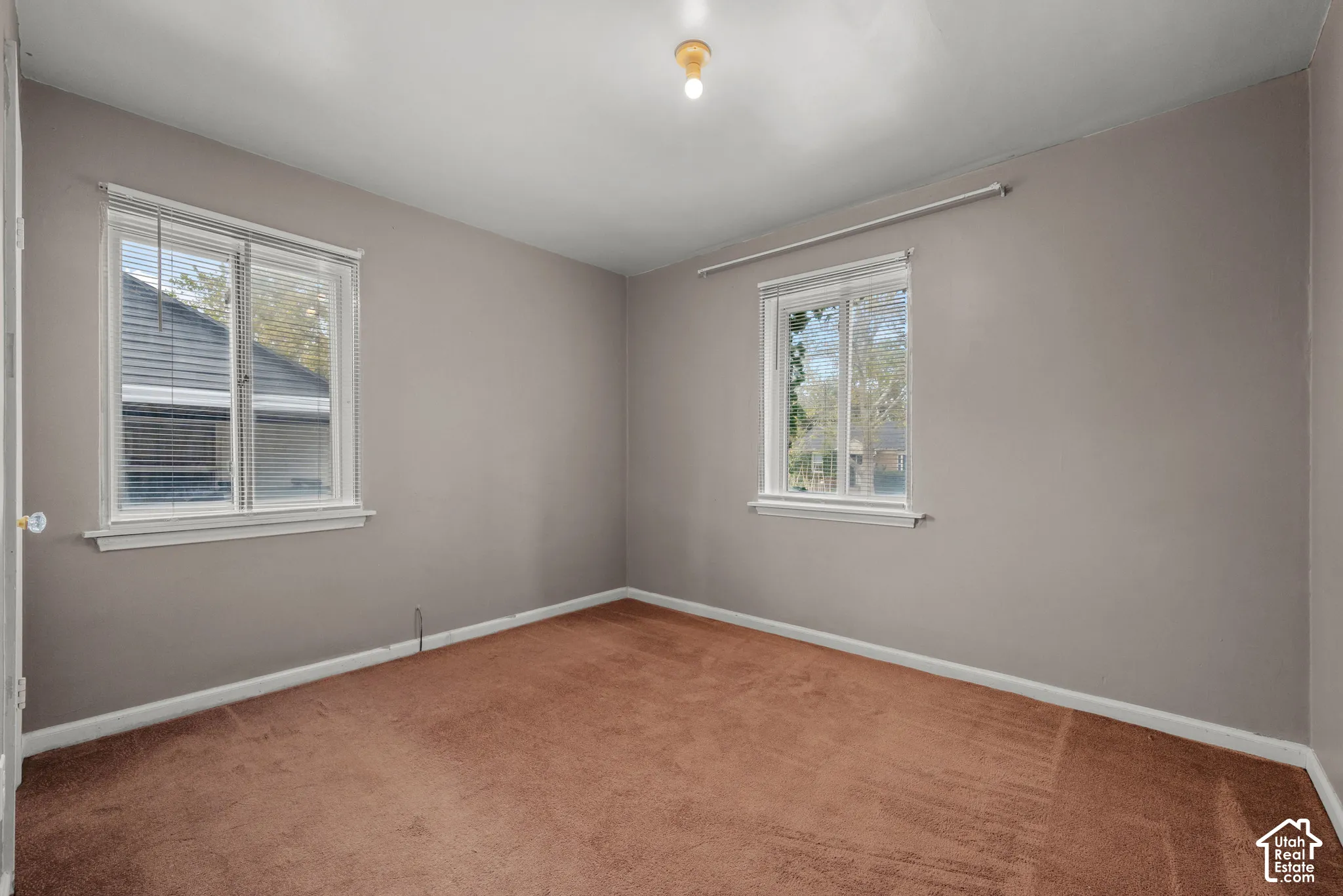 Neutral wall color, two windows with blinds, brown carpet flooring, and a ceiling-mounted light fixture