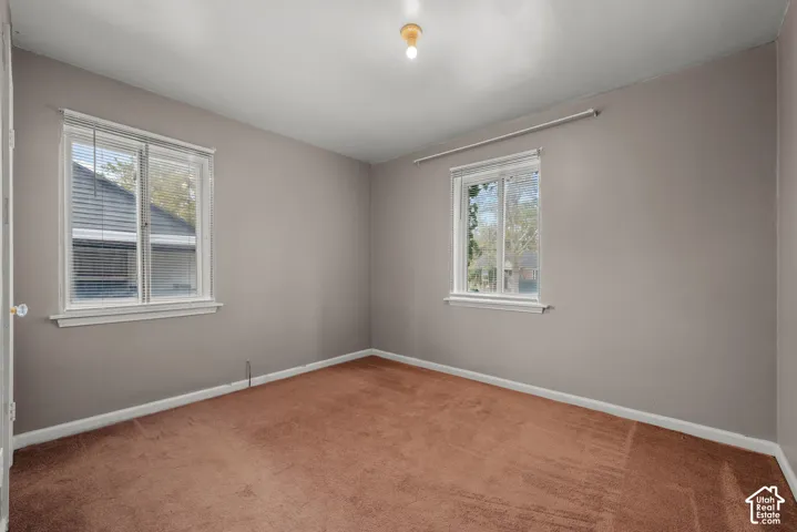 Neutral wall color, two windows with blinds, brown carpet flooring, and a ceiling-mounted light fixture
