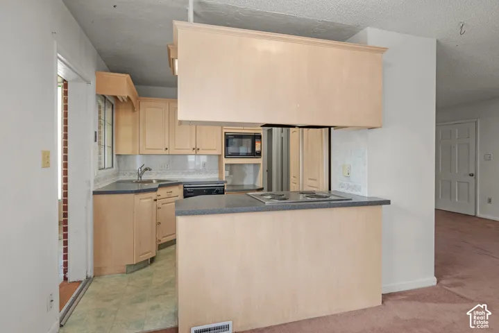 Kitchen featuring light wood-finish cabinetry, dark countertops, and a built-in microwave
