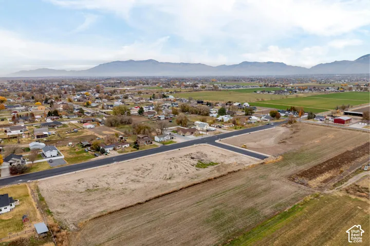 Mountain backdrop, established neighborhood, newly paved roads, undeveloped land, agricultural fields