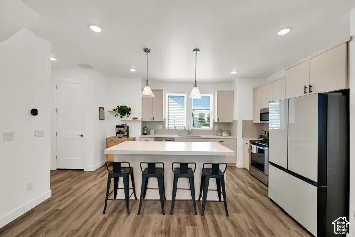 Kitchen featuring wood-finish flooring, recessed lighting, an island with countertop seating, stainless steel appliances, and light-toned cabinetry