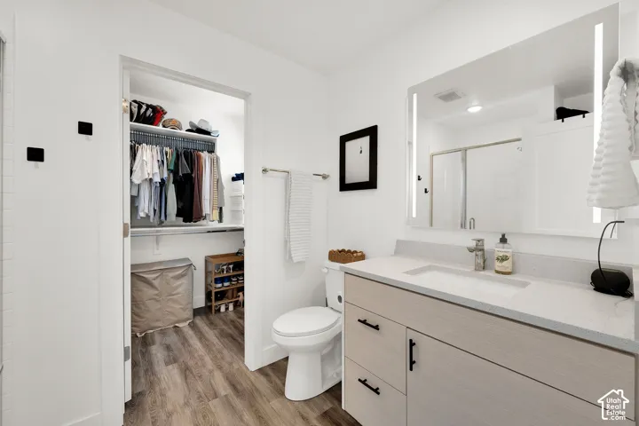 Light wood-finish vanity with an integrated sink, illuminated mirror, and a walk-in closet with built-in shelving