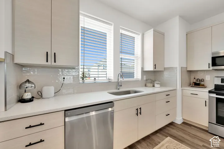 Kitchen featuring light wood-finish cabinetry, stainless steel appliances, a stainless steel sink, and a tiled backsplash