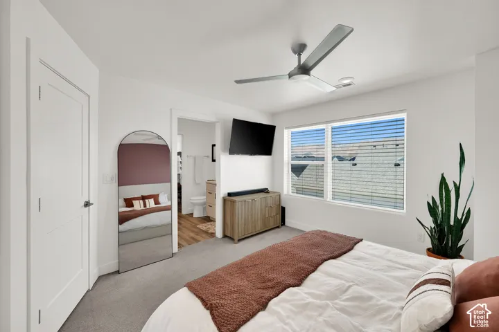 Spacious room featuring carpeting, a ceiling fan, and large windows with blinds
